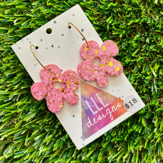 ON SALE!!!!!! Resin Earrings - Pink and Gold Confetti Dangles - Asymmetrical Daisy Featuring a Gold Hoop!