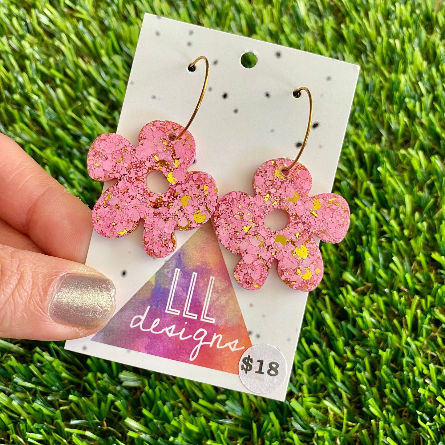 ON SALE!!!!!! Resin Earrings - Pink and Gold Confetti Dangles - Asymmetrical Daisy Featuring a Gold Hoop!