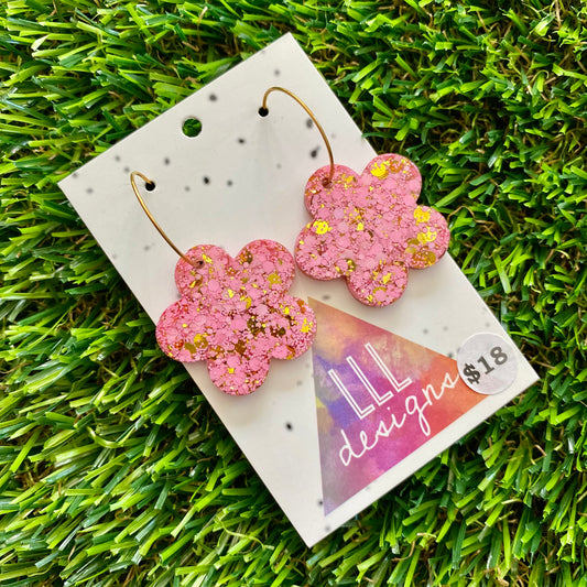 ON SALE!!!!!! Resin Earrings - Pink and Gold Confetti Dangles - Solid Daisy Featuring a Gold Hoop!