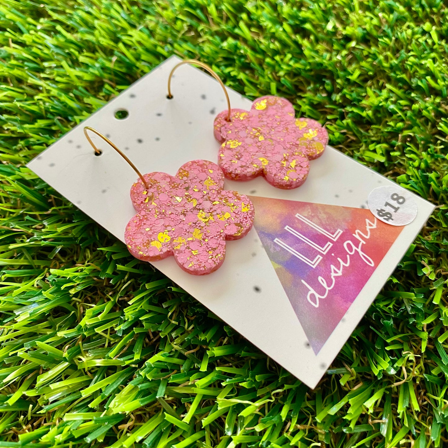 ON SALE!!!!!! Resin Earrings - Pink and Gold Confetti Dangles - Solid Daisy Featuring a Gold Hoop!