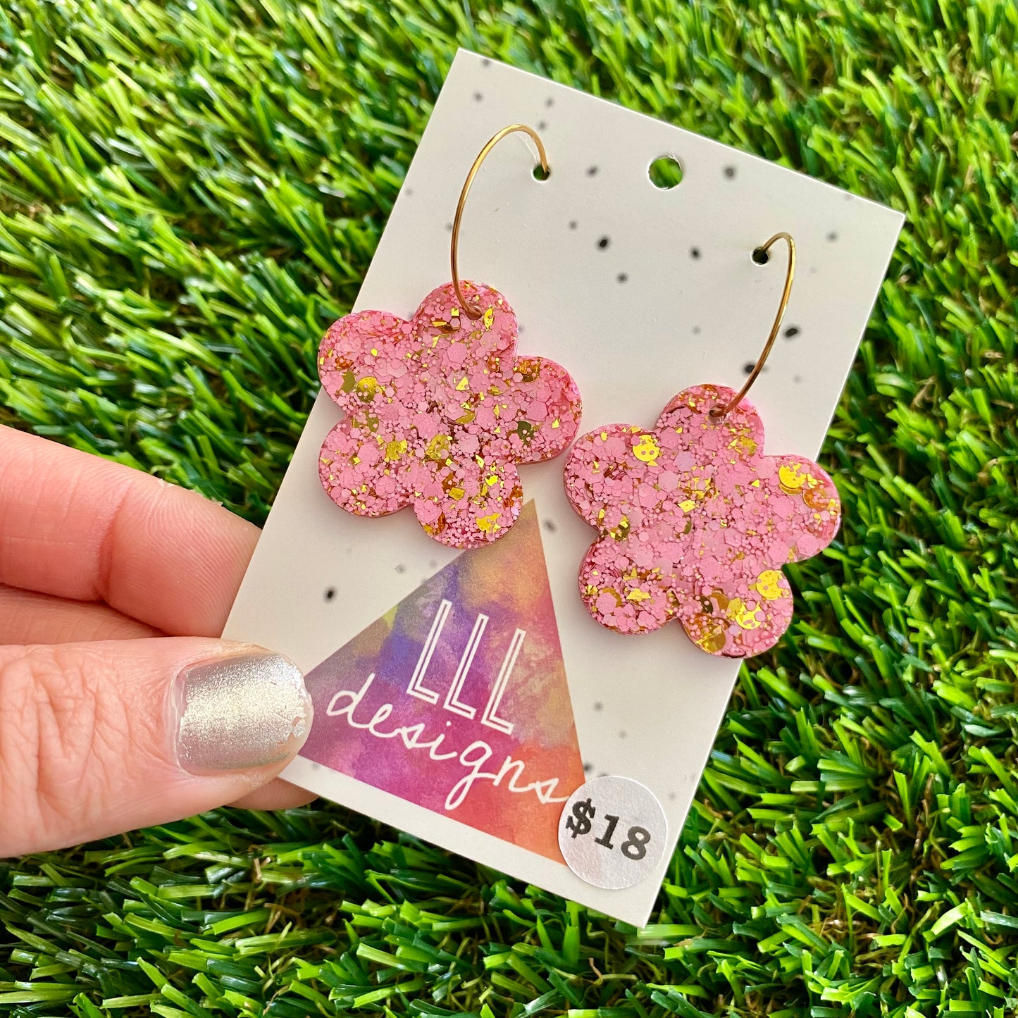 ON SALE!!!!!! Resin Earrings - Pink and Gold Confetti Dangles - Solid Daisy Featuring a Gold Hoop!