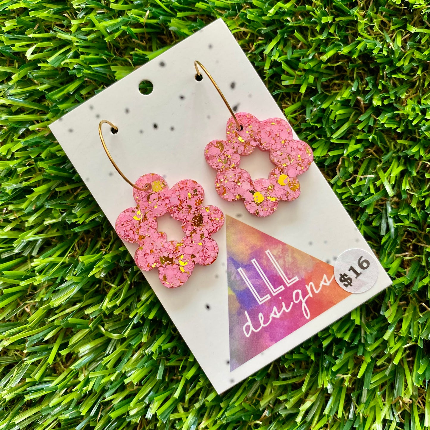 ON SALE!!!!!! Resin Earrings - Pink and Gold Confetti Dangles - Floral Wreath Featuring a Gold Hoop!