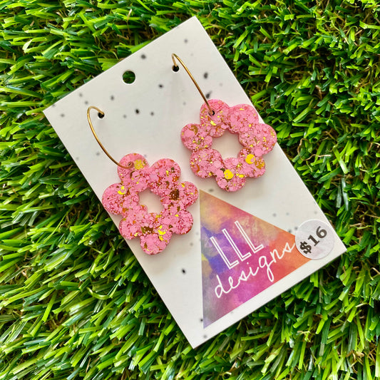 ON SALE!!!!!! Resin Earrings - Pink and Gold Confetti Dangles - Floral Wreath Featuring a Gold Hoop!