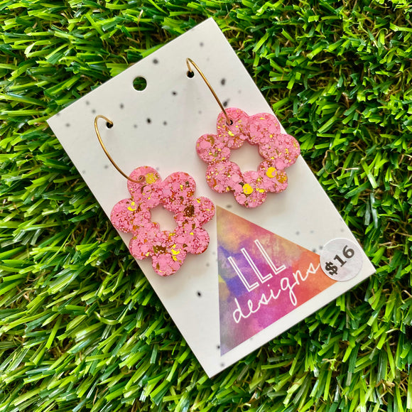 Resin Earrings - Pink and Gold Confetti Dangles - Floral Wreath Featuring a Gold Hoop!