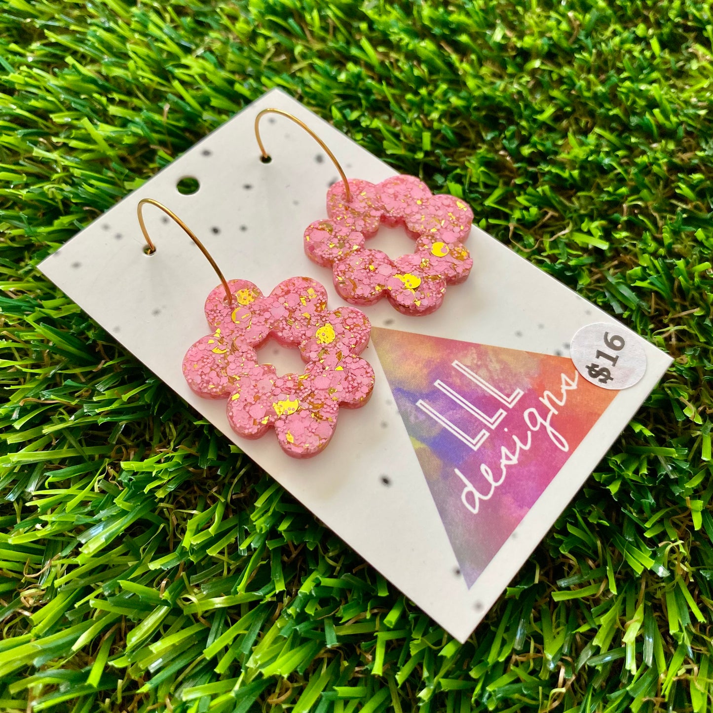ON SALE!!!!!! Resin Earrings - Pink and Gold Confetti Dangles - Floral Wreath Featuring a Gold Hoop!