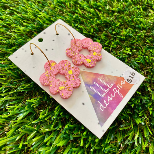 ON SALE!!!!!! Resin Earrings - Pink and Gold Confetti Dangles - Floral Wreath Featuring a Gold Hoop!