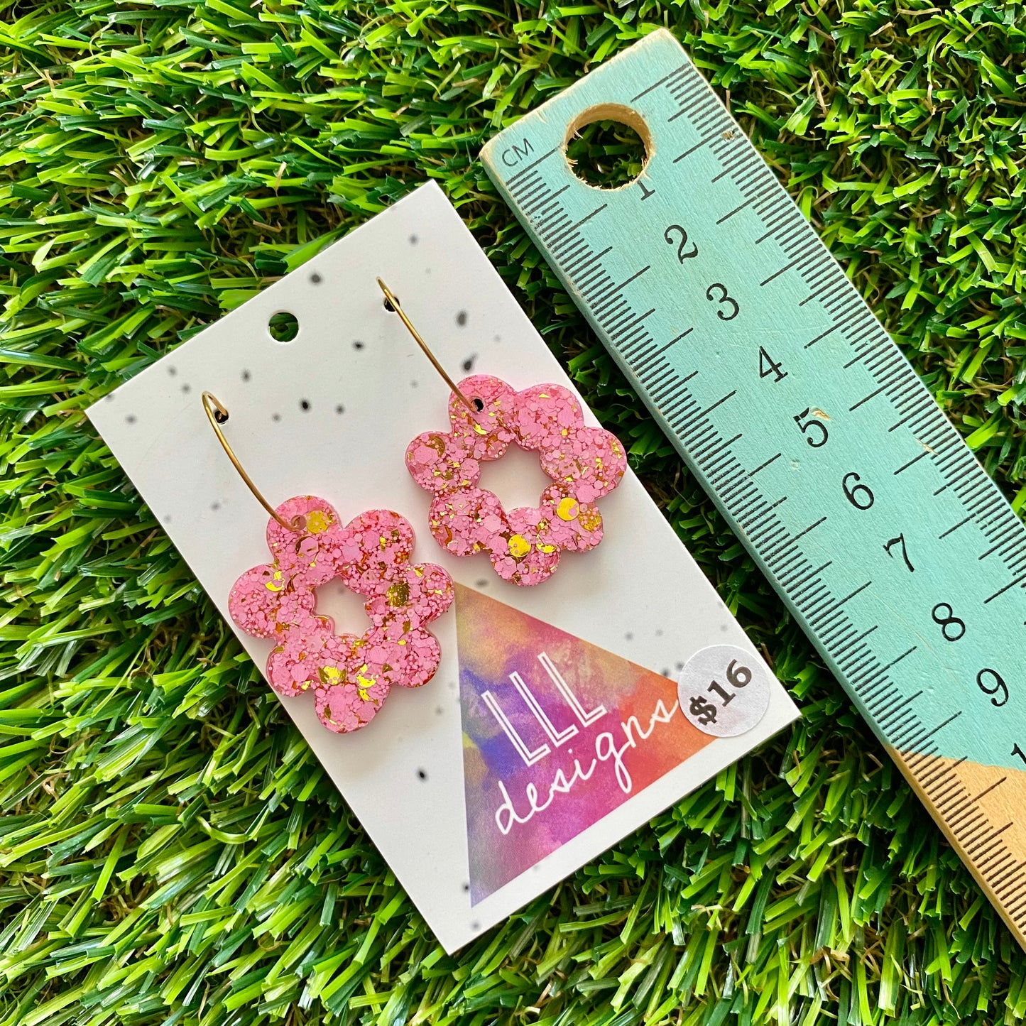 ON SALE!!!!!! Resin Earrings - Pink and Gold Confetti Dangles - Floral Wreath Featuring a Gold Hoop!