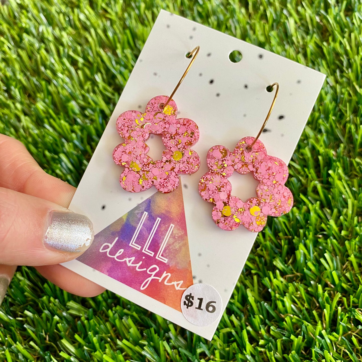 ON SALE!!!!!! Resin Earrings - Pink and Gold Confetti Dangles - Floral Wreath Featuring a Gold Hoop!