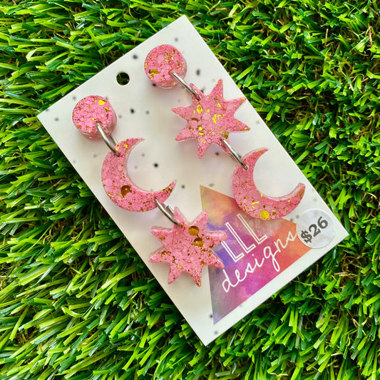 ON SALE!!!!!! Resin Earrings - Pink and Gold Confetti Star Gazing Dangles!