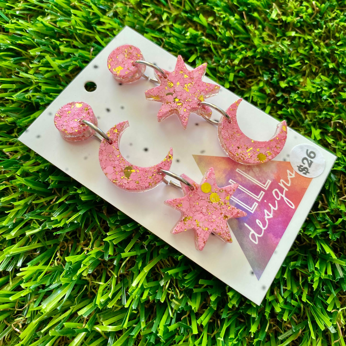 ON SALE!!!!!! Resin Earrings - Pink and Gold Confetti Star Gazing Dangles!
