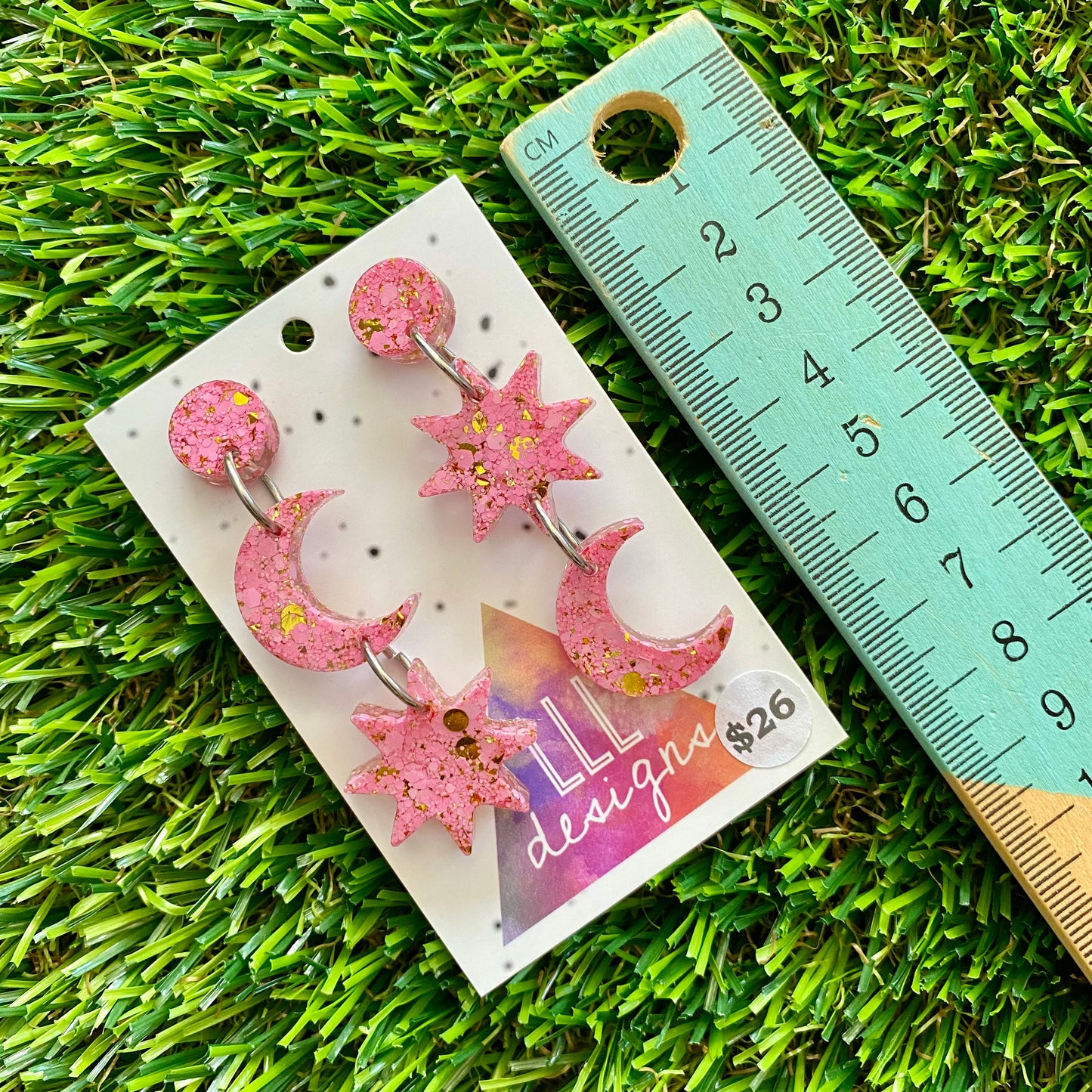 ON SALE!!!!!! Resin Earrings - Pink and Gold Confetti Star Gazing Dangles!