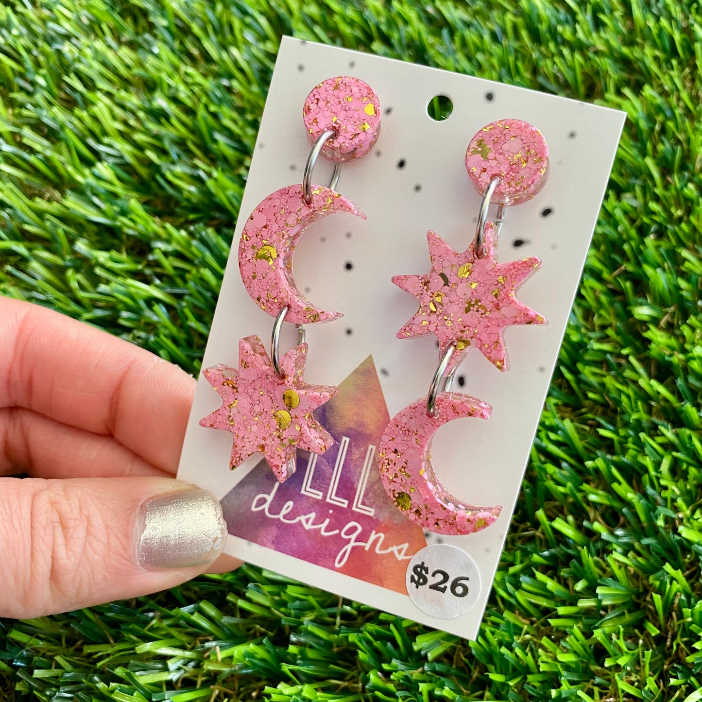 ON SALE!!!!!! Resin Earrings - Pink and Gold Confetti Star Gazing Dangles!