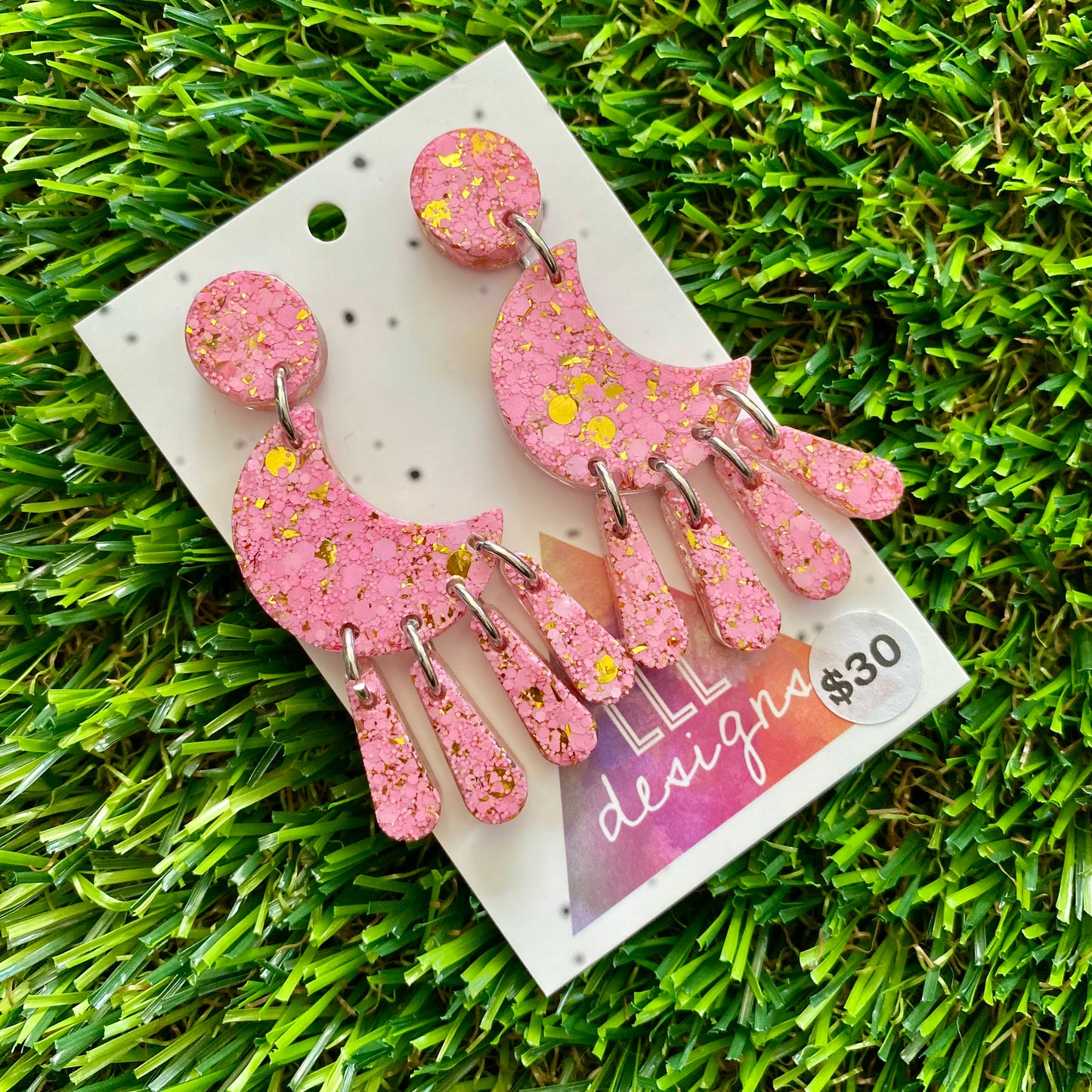 ON SALE!!!!!! Resin Earrings - Pink and Gold Confetti Magical Moon Dangles!