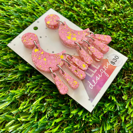 ON SALE!!!!!! Resin Earrings - Pink and Gold Confetti Magical Moon Dangles!