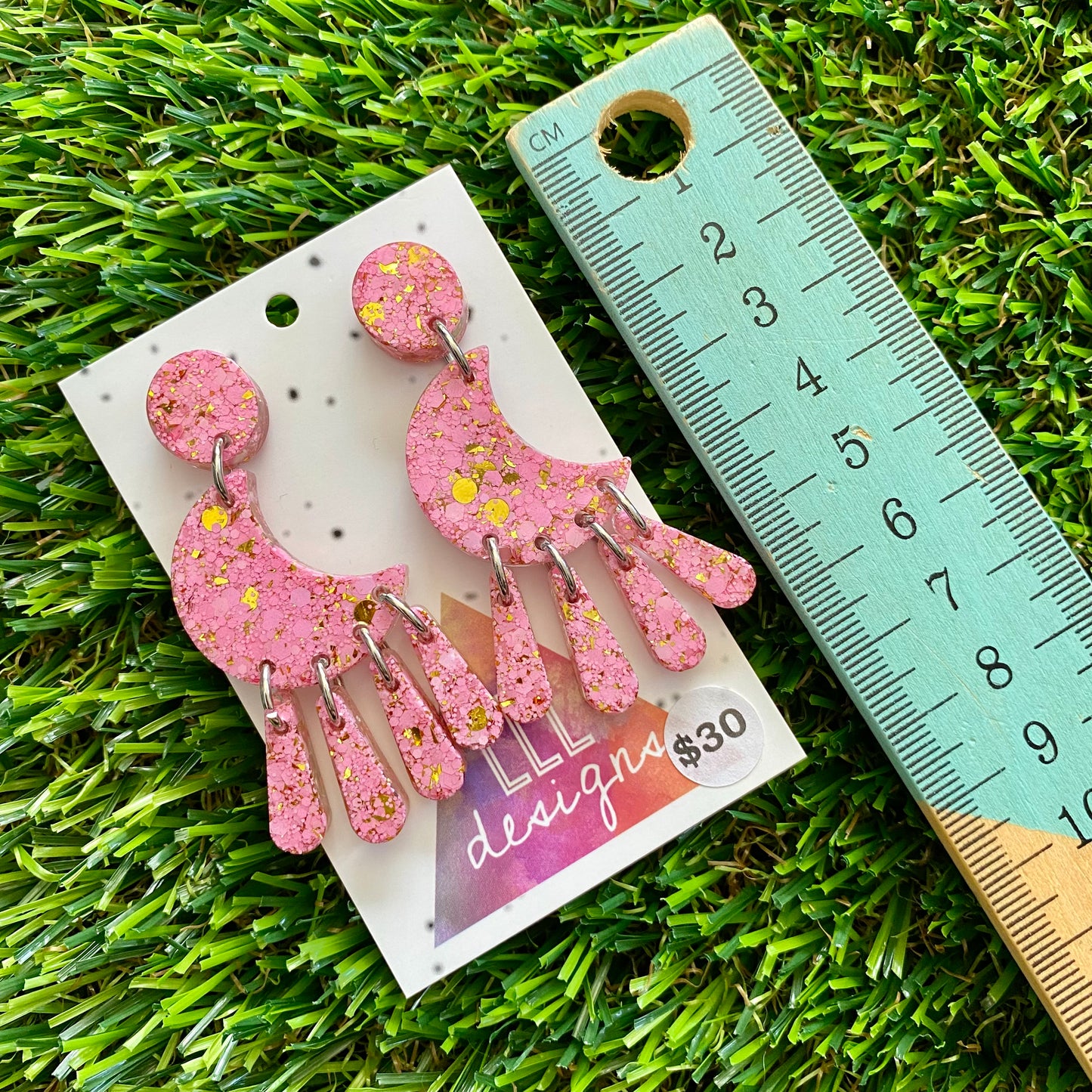 ON SALE!!!!!! Resin Earrings - Pink and Gold Confetti Magical Moon Dangles!