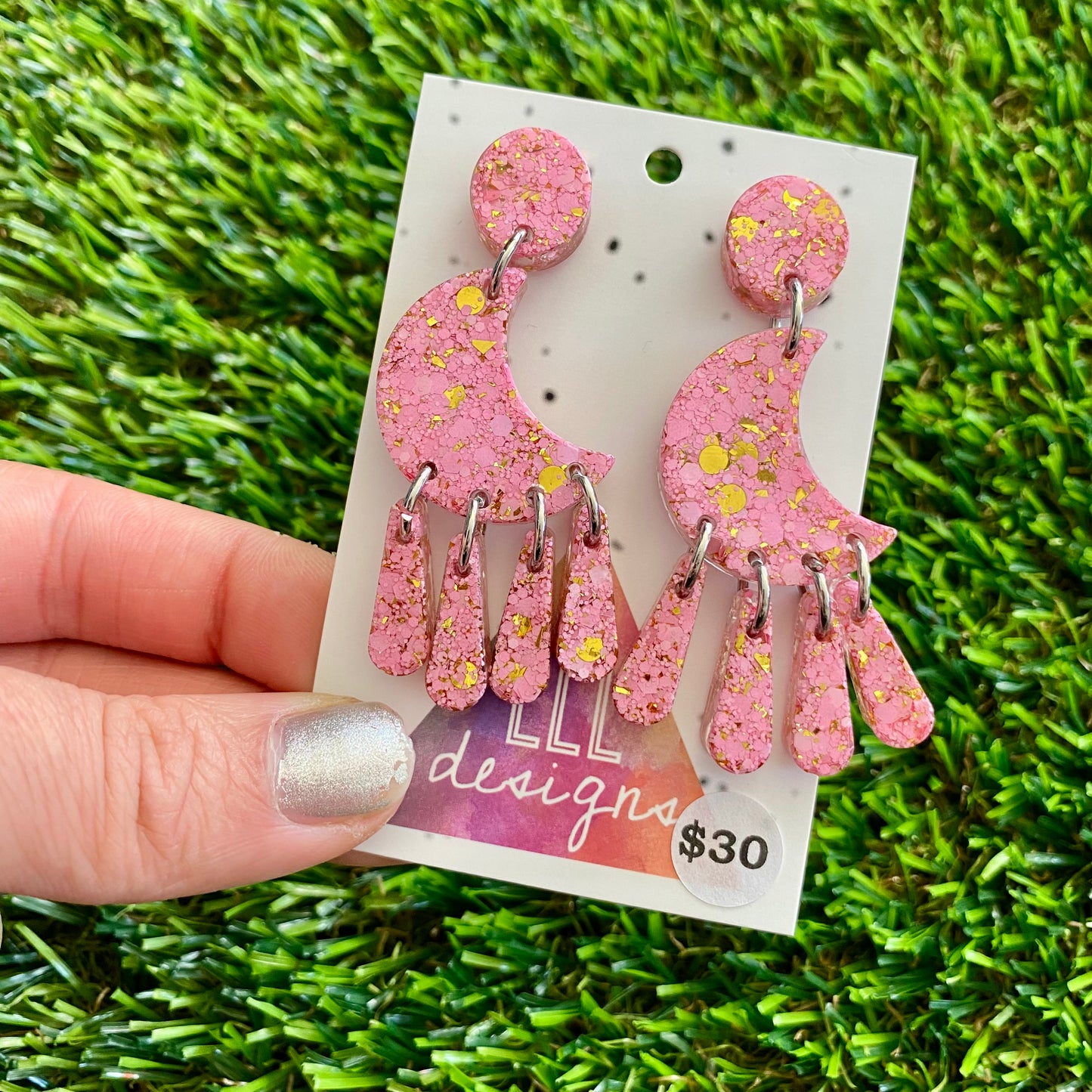 ON SALE!!!!!! Resin Earrings - Pink and Gold Confetti Magical Moon Dangles!