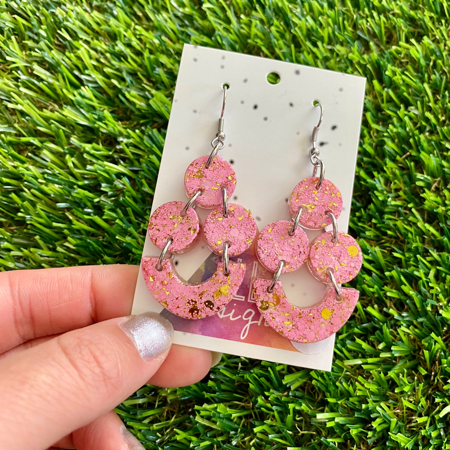 ON SALE!!!!!! Resin Earrings - Pink and Gold Confetti Balancing Basket Dangles Featuring Hook Tops!