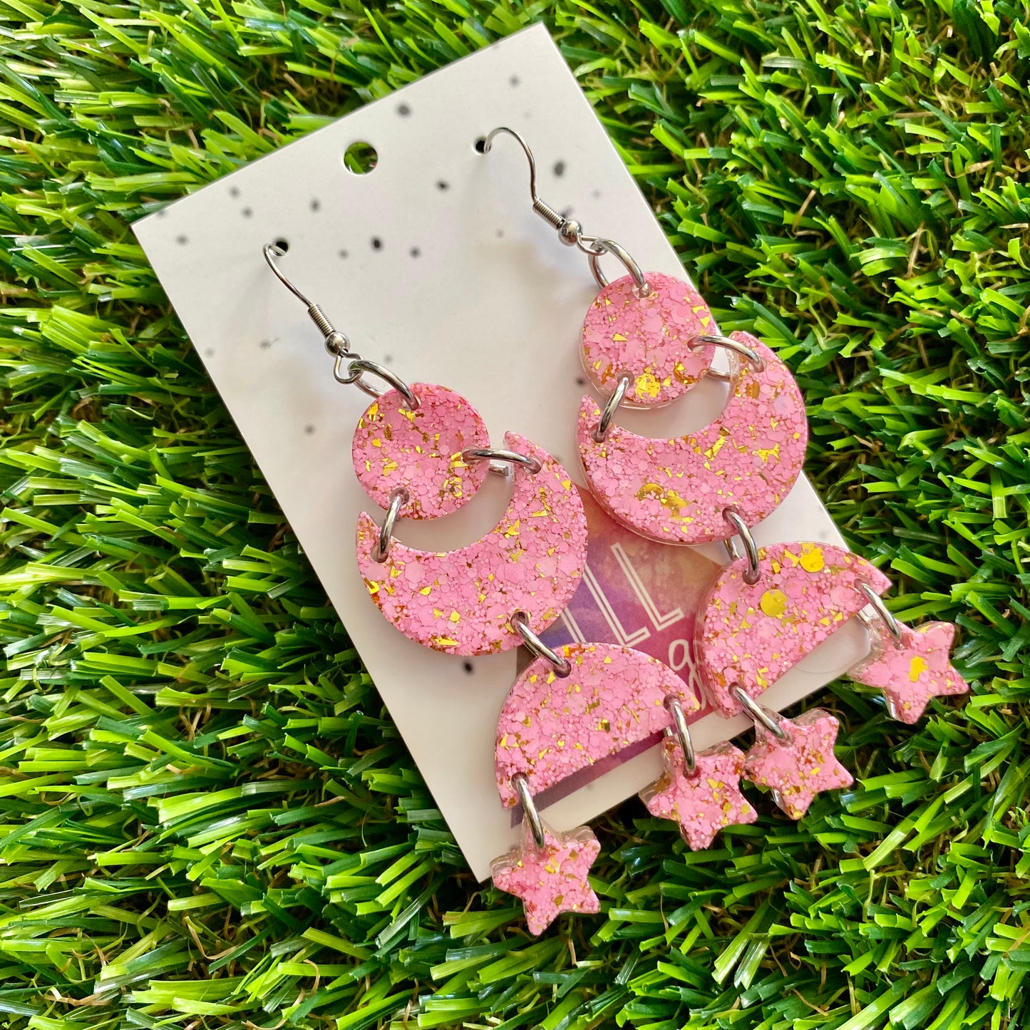 ON SALE!!!!!! Resin Earrings - Pink and Gold Confetti Starry Dream Dangles Featuring Hook Tops!