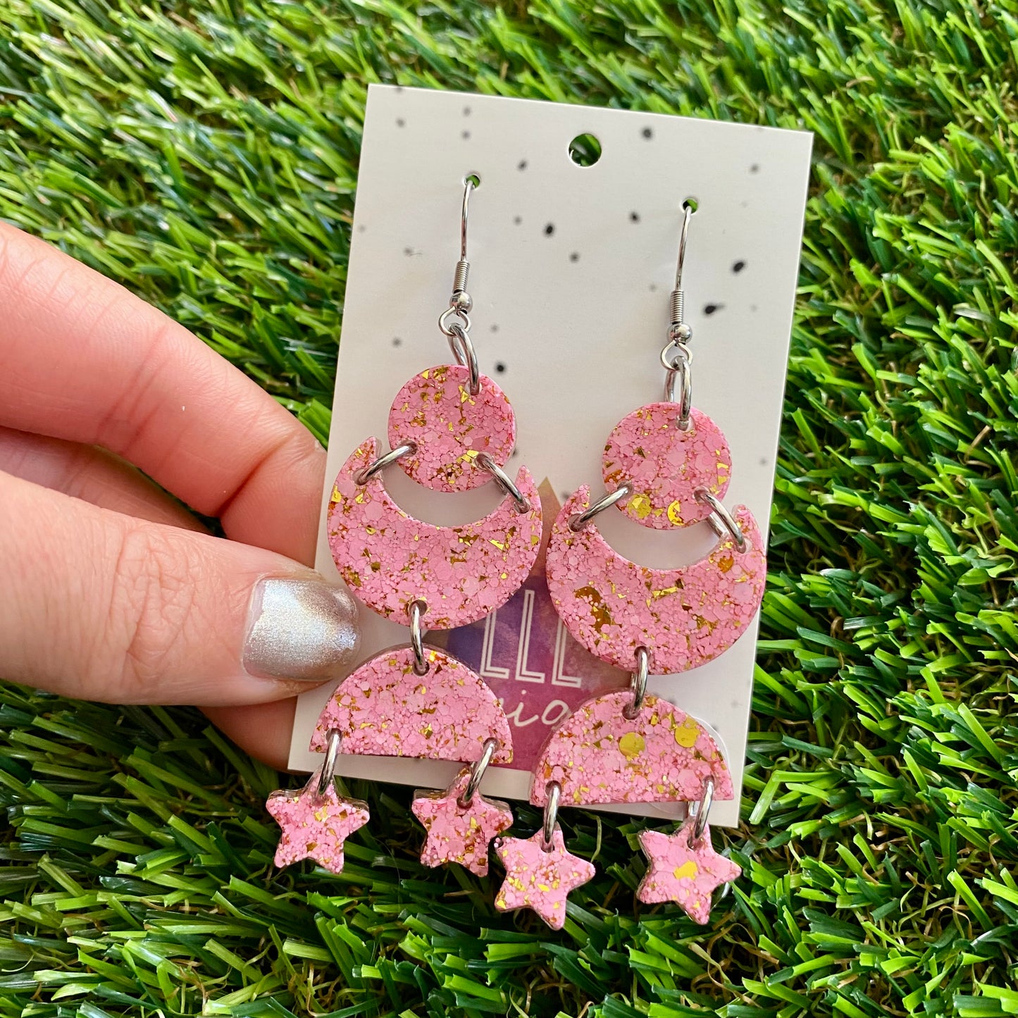 ON SALE!!!!!! Resin Earrings - Pink and Gold Confetti Starry Dream Dangles Featuring Hook Tops!