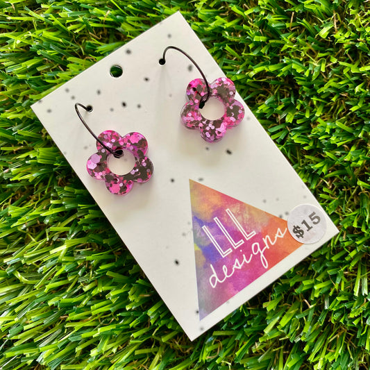 ON SALE!!!!!! Resin Earrings - Pink and Black Confetti Dangles - Mini Daisies Featuring a Black Hoop!