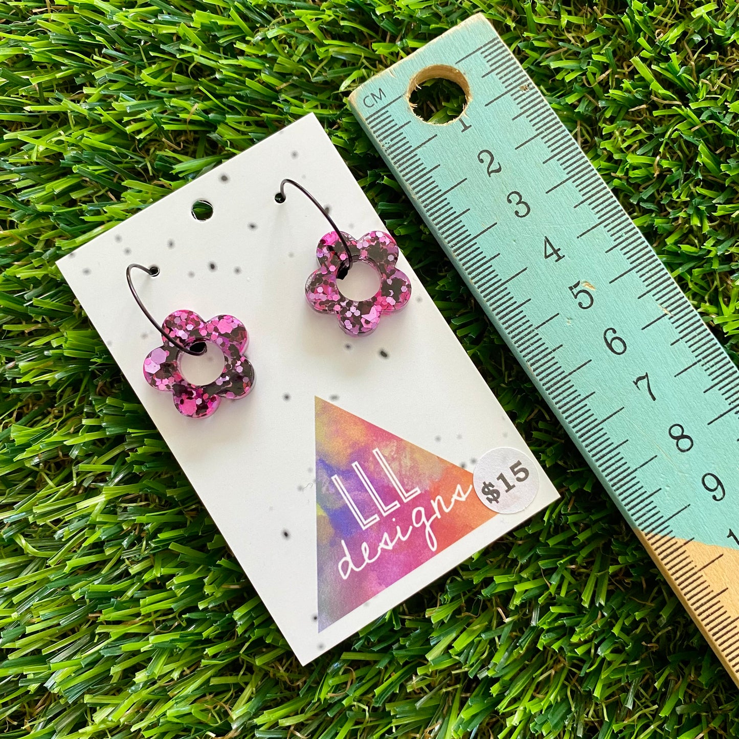 ON SALE!!!!!! Resin Earrings - Pink and Black Confetti Dangles - Mini Daisies Featuring a Black Hoop!