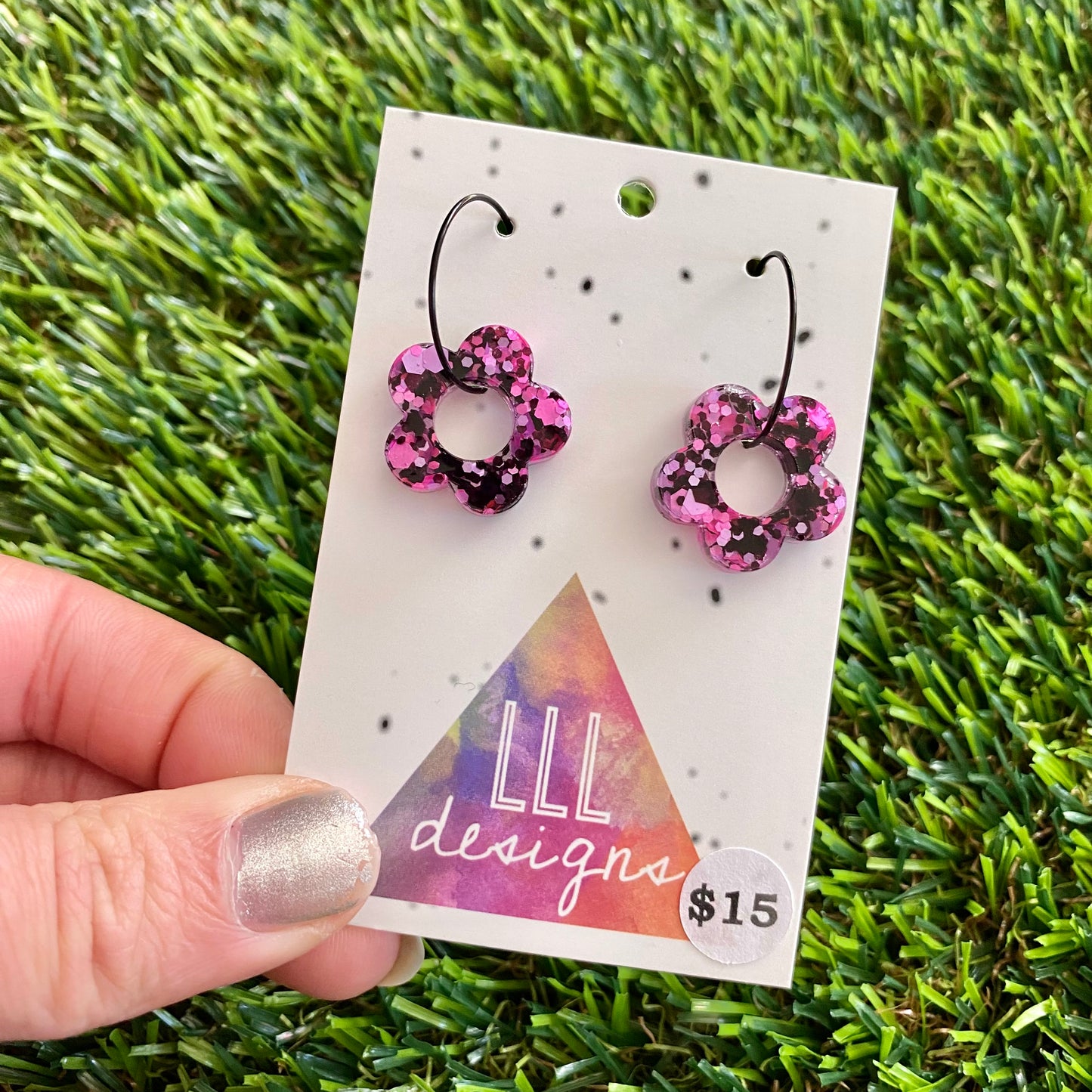 ON SALE!!!!!! Resin Earrings - Pink and Black Confetti Dangles - Mini Daisies Featuring a Black Hoop!
