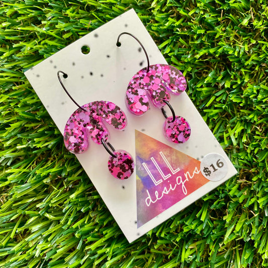 ON SALE!!!!!! Resin Earrings - Pink and Black Confetti Dangles - Droplet Flower Featuring a Black Hoop!