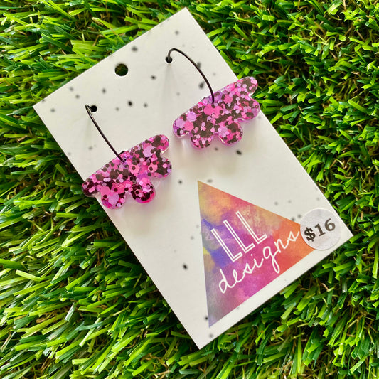 ON SALE!!!!!! Resin Earrings - Pink and Black Confetti Dangles - Gerbera Dangles Featuring a Black Hoop!