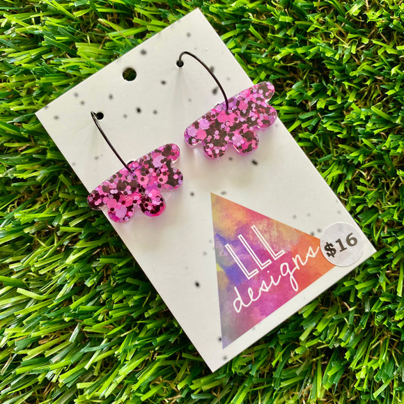 Resin Earrings - Pink and Black Confetti Dangles - Gerbera Dangles Featuring a Black Hoop!