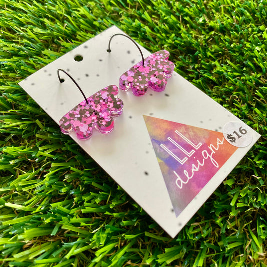 ON SALE!!!!!! Resin Earrings - Pink and Black Confetti Dangles - Gerbera Dangles Featuring a Black Hoop!