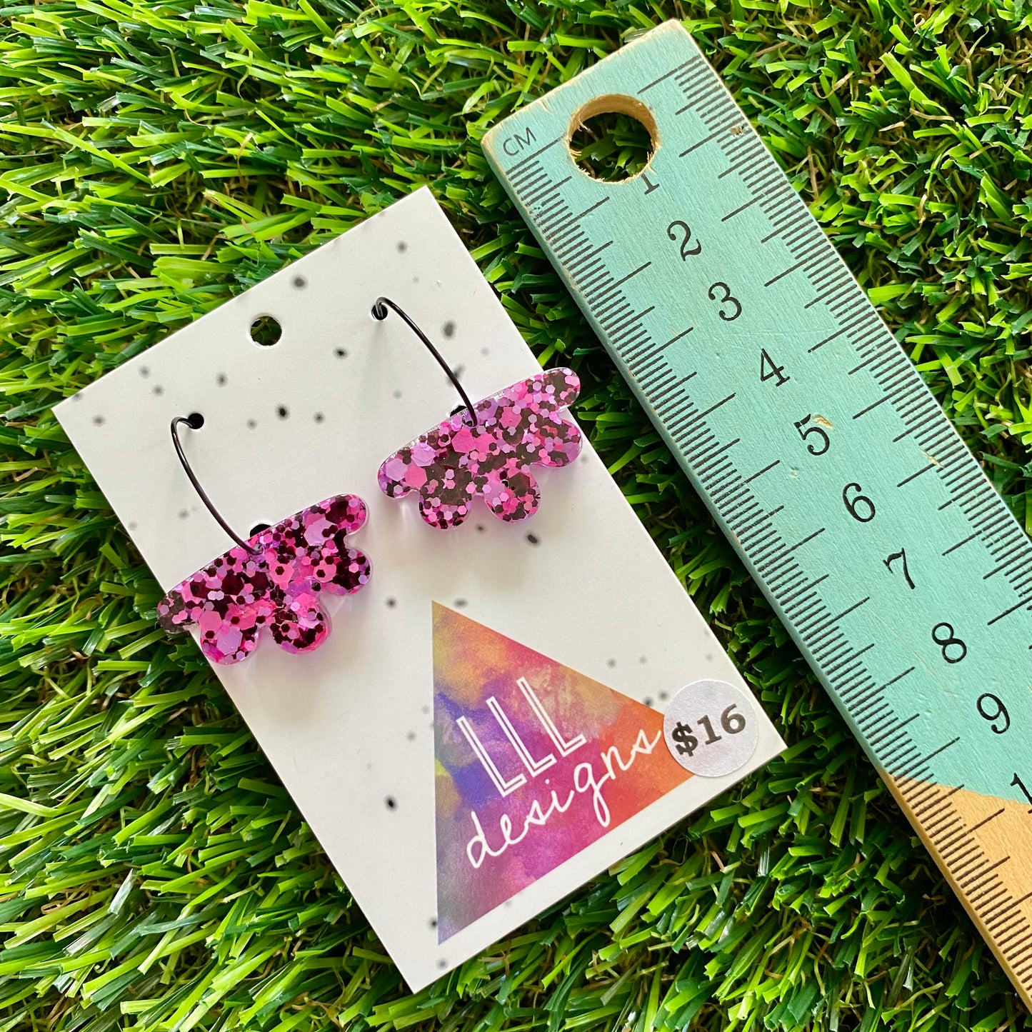 ON SALE!!!!!! Resin Earrings - Pink and Black Confetti Dangles - Gerbera Dangles Featuring a Black Hoop!