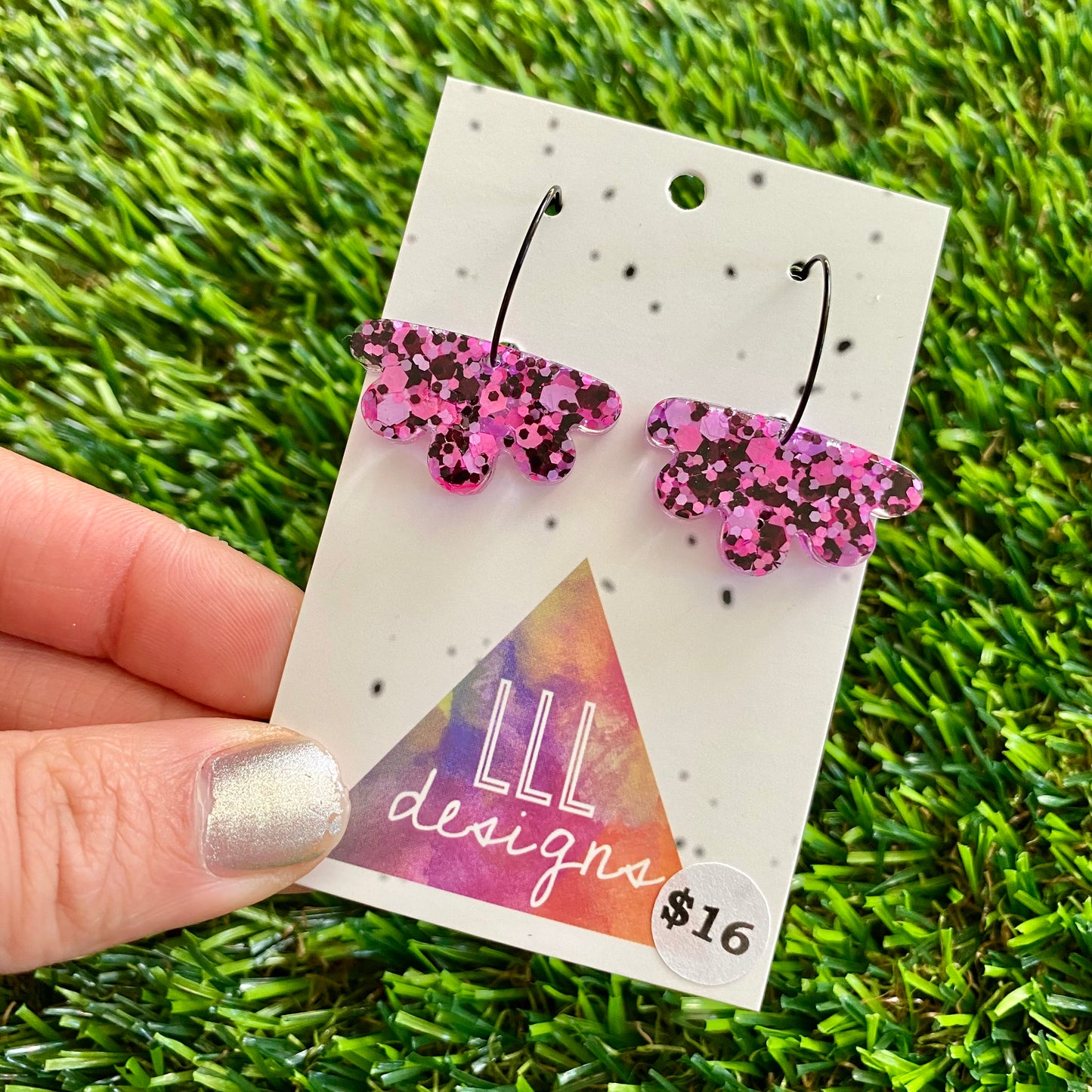 ON SALE!!!!!! Resin Earrings - Pink and Black Confetti Dangles - Gerbera Dangles Featuring a Black Hoop!