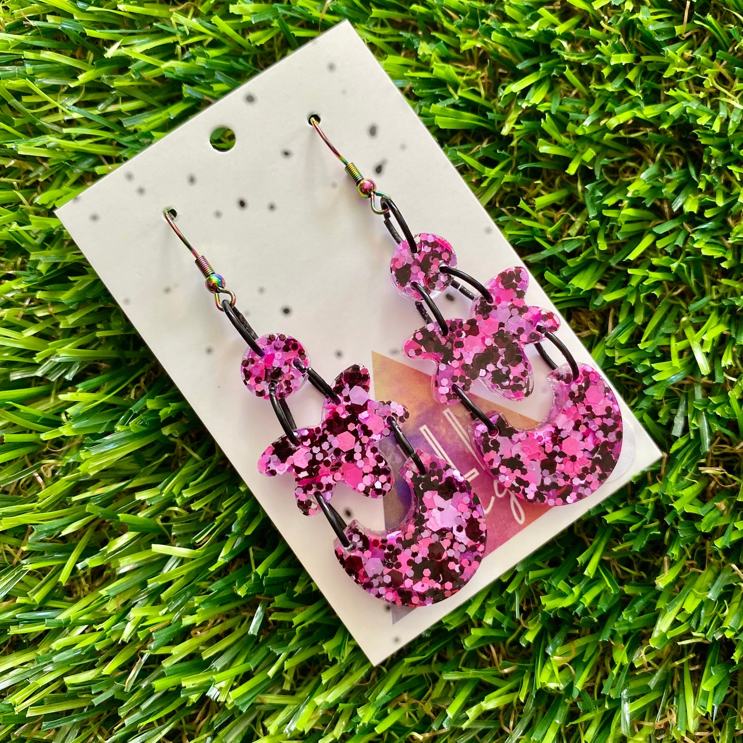 ON SALE!!!!!! Resin Earrings - Pink and Black Confetti Dangles - Multilayered Dangles Featuring a Rainbow Hook Top!