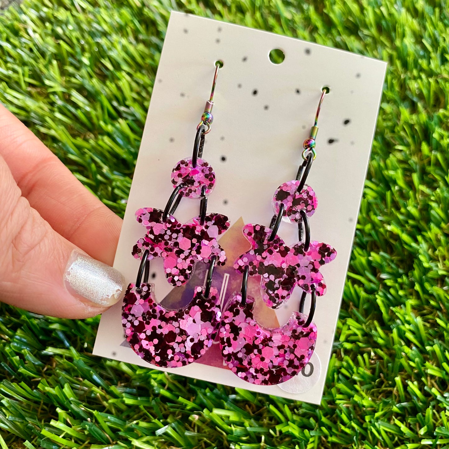 ON SALE!!!!!! Resin Earrings - Pink and Black Confetti Dangles - Multilayered Dangles Featuring a Rainbow Hook Top!
