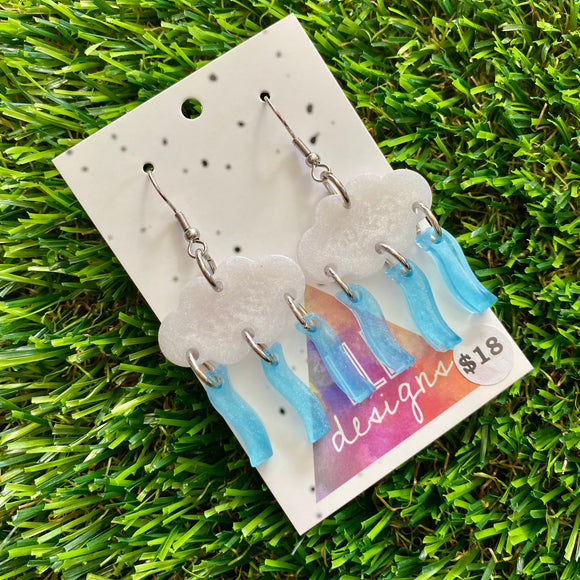 Weather Resin Earrings - Rain Clouds with Translucent Wiggle Rain Featuring Hook Tops!