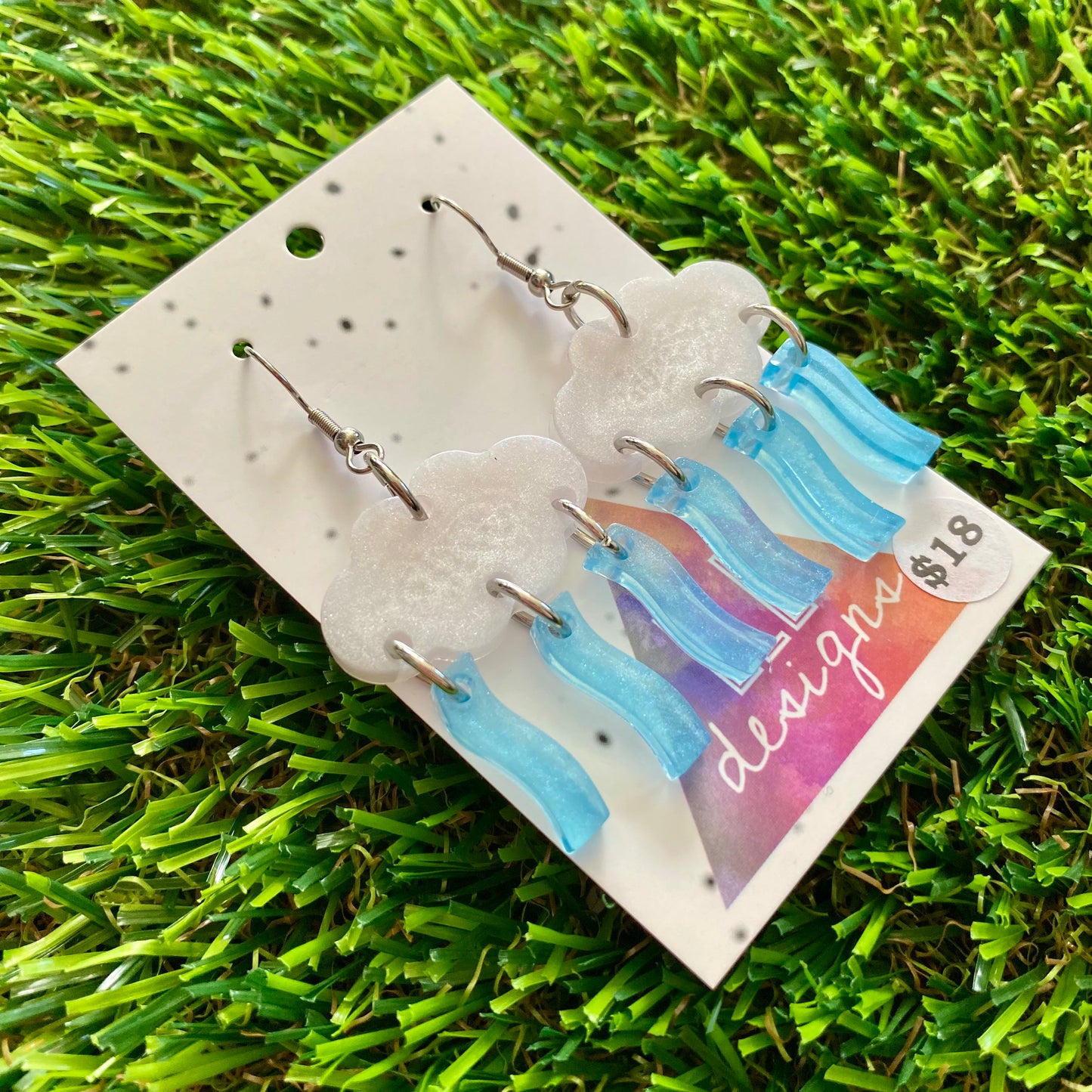 ON SALE!!!!!! Weather Resin Earrings - Rain Clouds with Translucent Wiggle Rain Featuring Hook Tops!