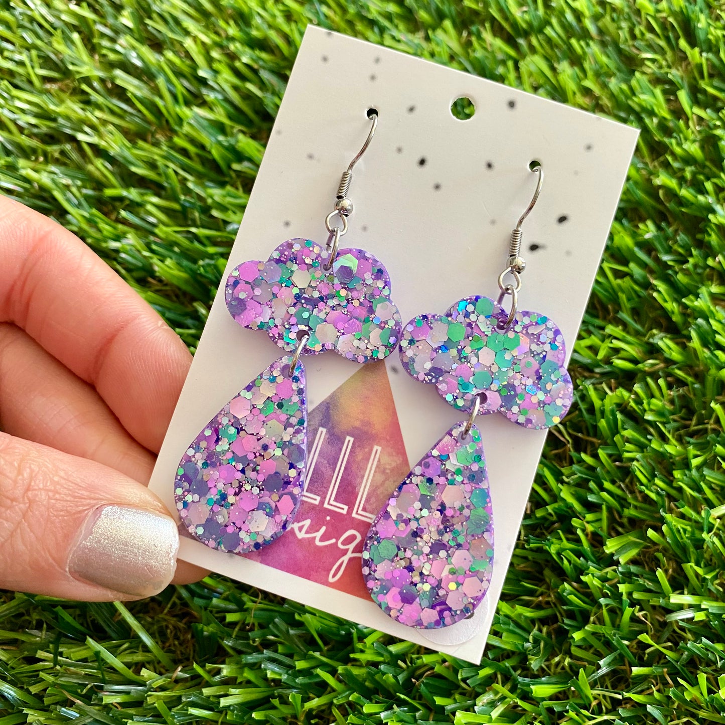 ON SALE!!!!!! Weather Resin Earrings - Purple Multi Confetti Rain Featuring Hook Tops!