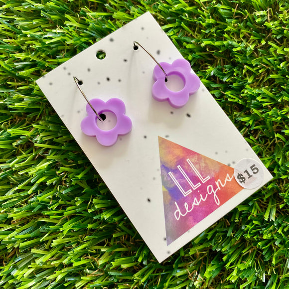 Resin Earrings - Purple Mini Daisies Featuring a Silver Hoop!