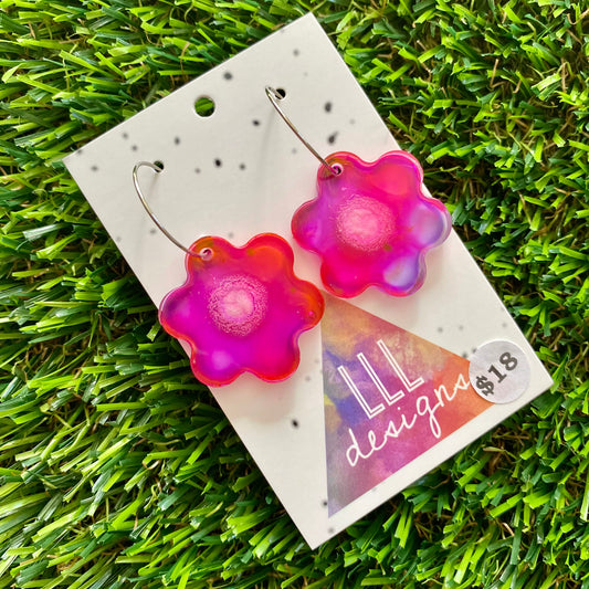 ON SALE!!!!!! Alcohol Ink Resin Earrings - Pink and Purple Flowers Featuring a Silver Hoop!