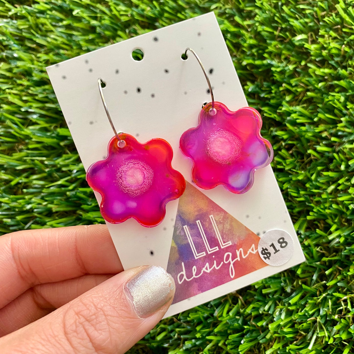 ON SALE!!!!!! Alcohol Ink Resin Earrings - Pink and Purple Flowers Featuring a Silver Hoop!