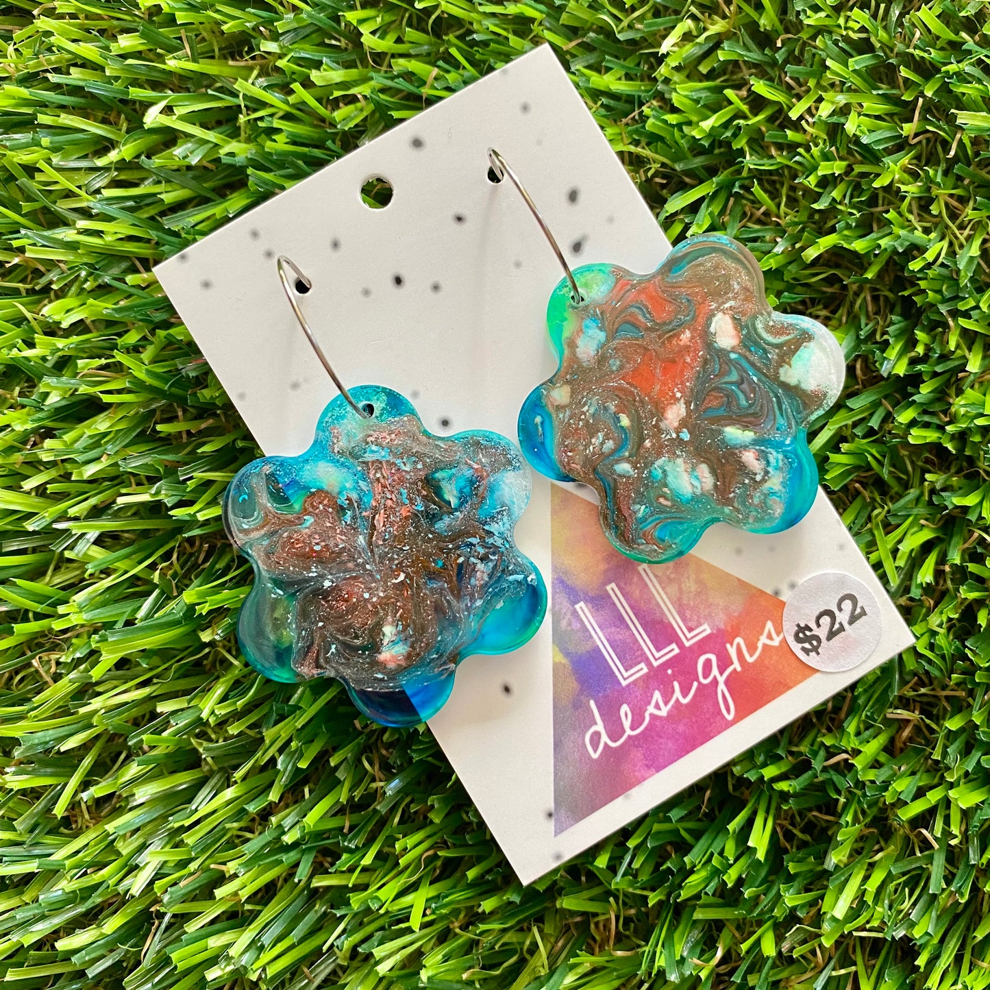 ON SALE!!!!!! Alcohol Ink Resin Earrings - Blue, Red and White Flowers Featuring a Silver Hoop!
