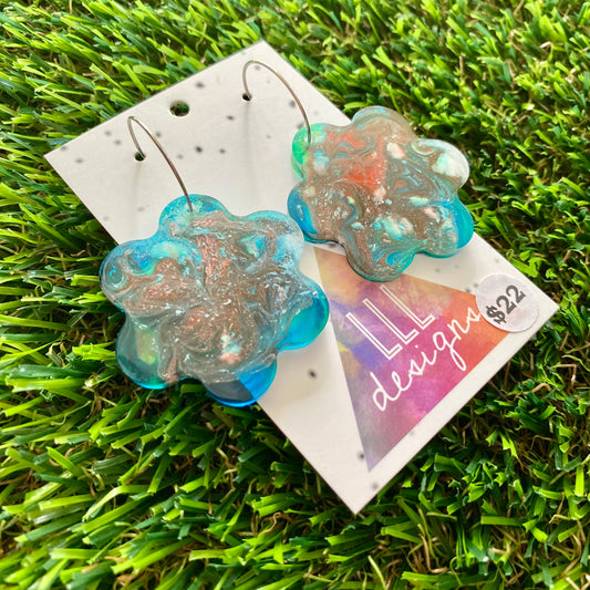ON SALE!!!!!! Alcohol Ink Resin Earrings - Blue, Red and White Flowers Featuring a Silver Hoop!