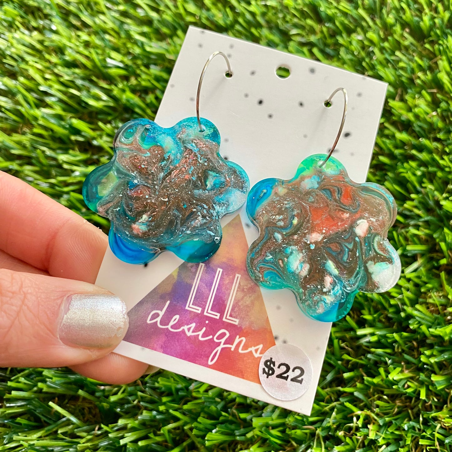 ON SALE!!!!!! Alcohol Ink Resin Earrings - Blue, Red and White Flowers Featuring a Silver Hoop!