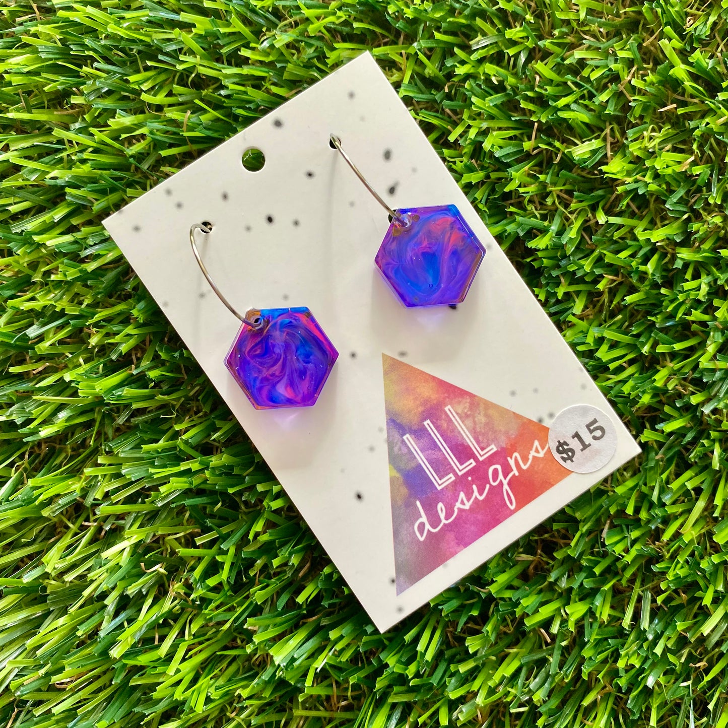 ON SALE!!!!!! Alcohol Ink Resin Earrings - Blue and Pink Hexagons Featuring a Silver Hoop!