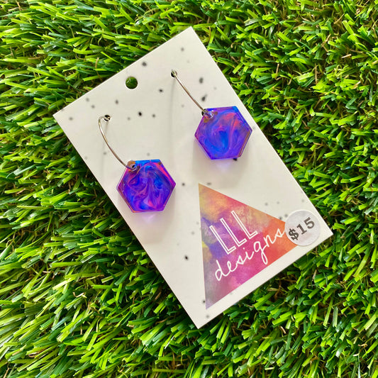ON SALE!!!!!! Alcohol Ink Resin Earrings - Blue and Pink Hexagons Featuring a Silver Hoop!