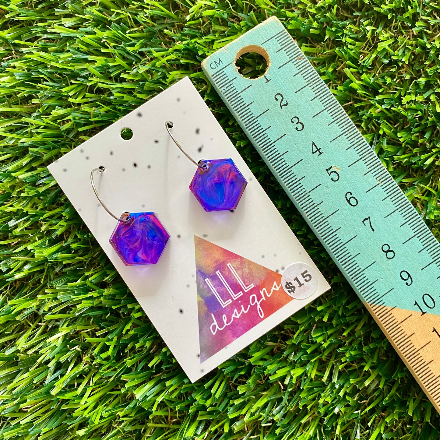 ON SALE!!!!!! Alcohol Ink Resin Earrings - Blue and Pink Hexagons Featuring a Silver Hoop!