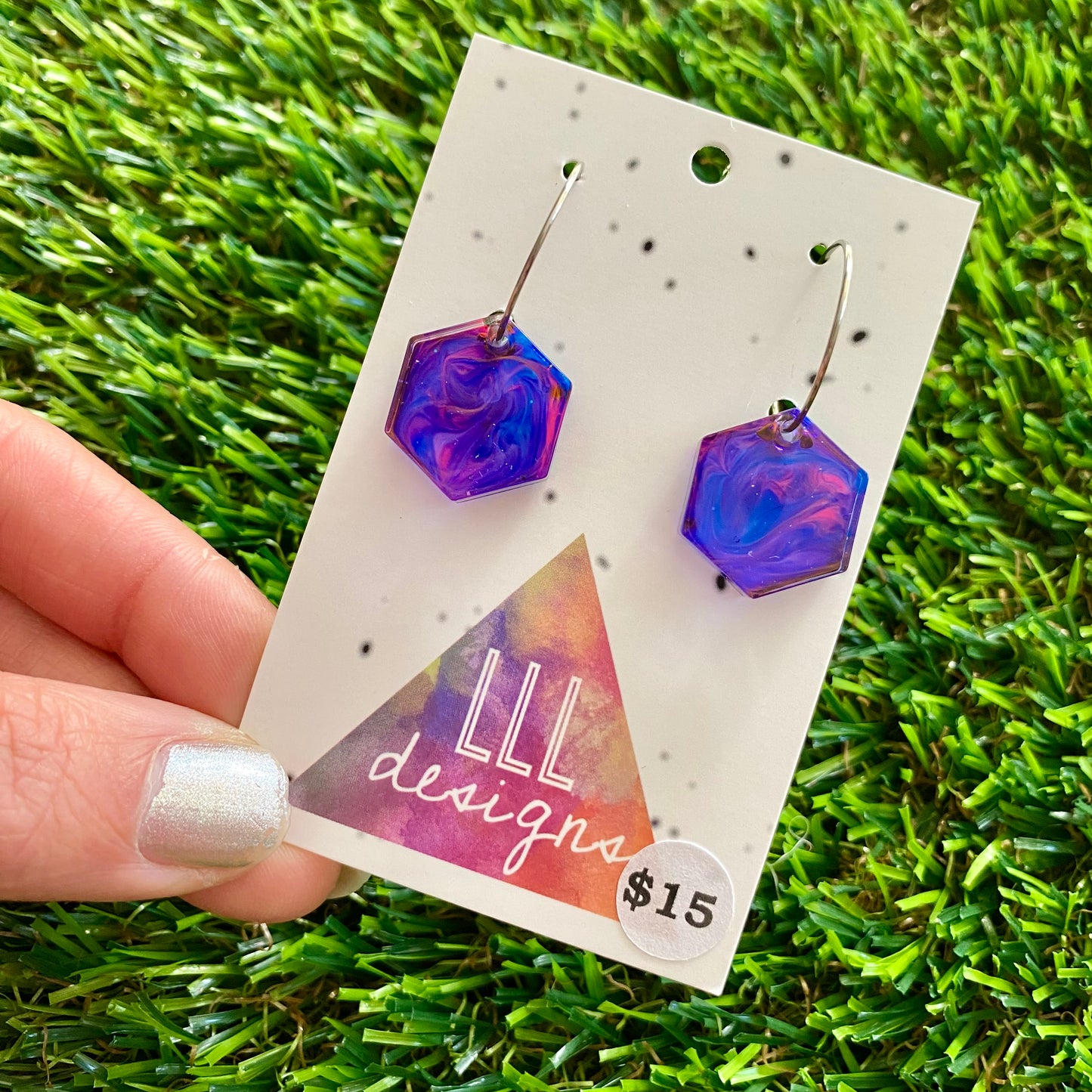 ON SALE!!!!!! Alcohol Ink Resin Earrings - Blue and Pink Hexagons Featuring a Silver Hoop!