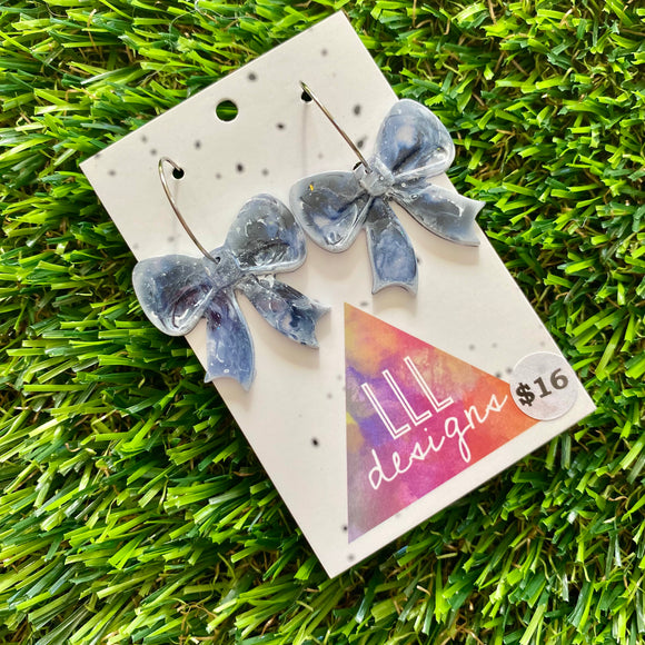 Alcohol Ink Resin Earrings - Blue and White Bows Featuring a Silver Hoop!