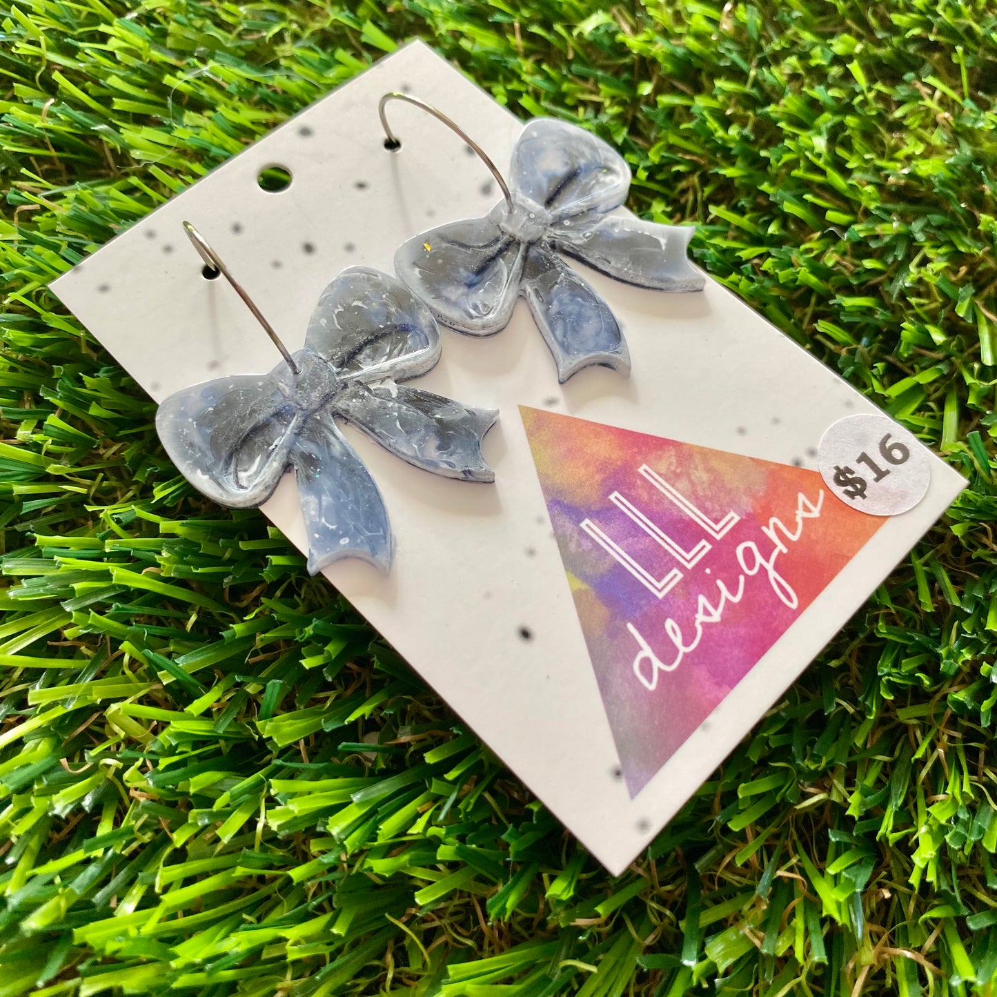ON SALE!!!!!! Alcohol Ink Resin Earrings - Blue and White Bows Featuring a Silver Hoop!