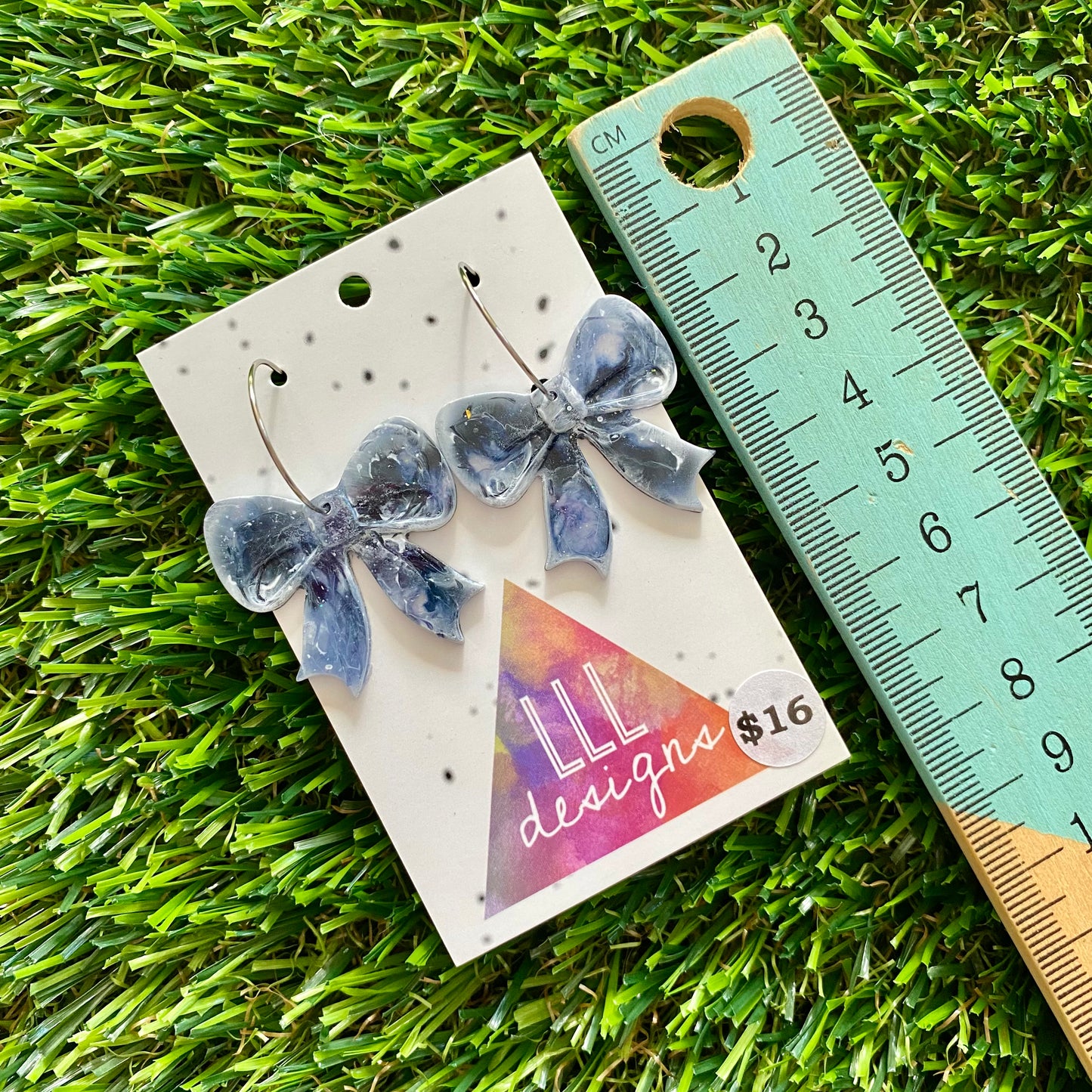 ON SALE!!!!!! Alcohol Ink Resin Earrings - Blue and White Bows Featuring a Silver Hoop!